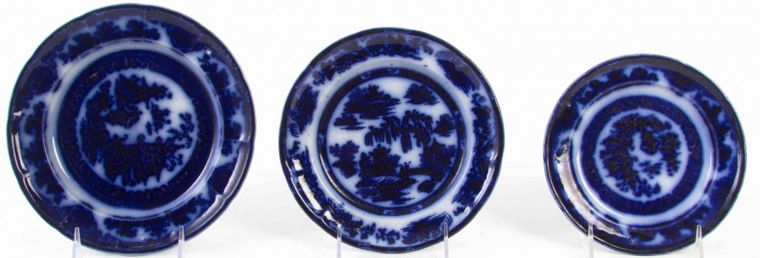 Nine Flow Blue Articles, Diameter of largest 10 3/8: Nine Flow Blue Articles, various makers including P.W. & Co., Wedgwood, E. Challinor, J. & G. Alcock and T.J. & J. Mayer, comprising two bowls and seven plates, most with Chinoiserie decoration. Diame