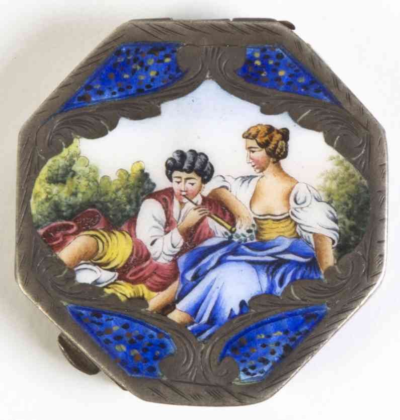 A Continental Enameled Pill Box, Width 1 1/2 inches.: A Continental Enameled Pill Box, of octagonal form decorated with a courting couple. Width 1 1/2 inches. Property from a Private Collection, Zionsville, Indiana