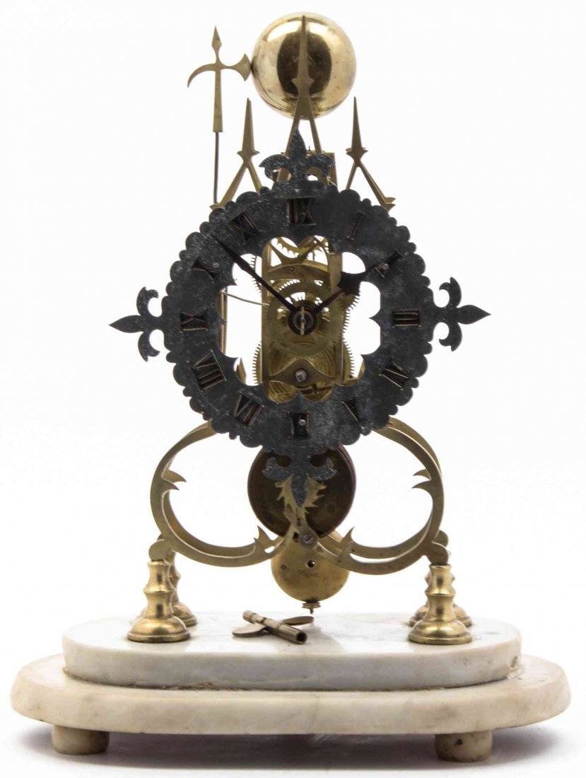An English Bronze Skeleton Clock, Height overall 15 1/2: An English Bronze Skeleton Clock, having a floriform dial with Roman numeral hours, raised on a marble base. Height overall 15 1/2 inches. Property from the Collection of Donald and Jane Gray, Inglesi