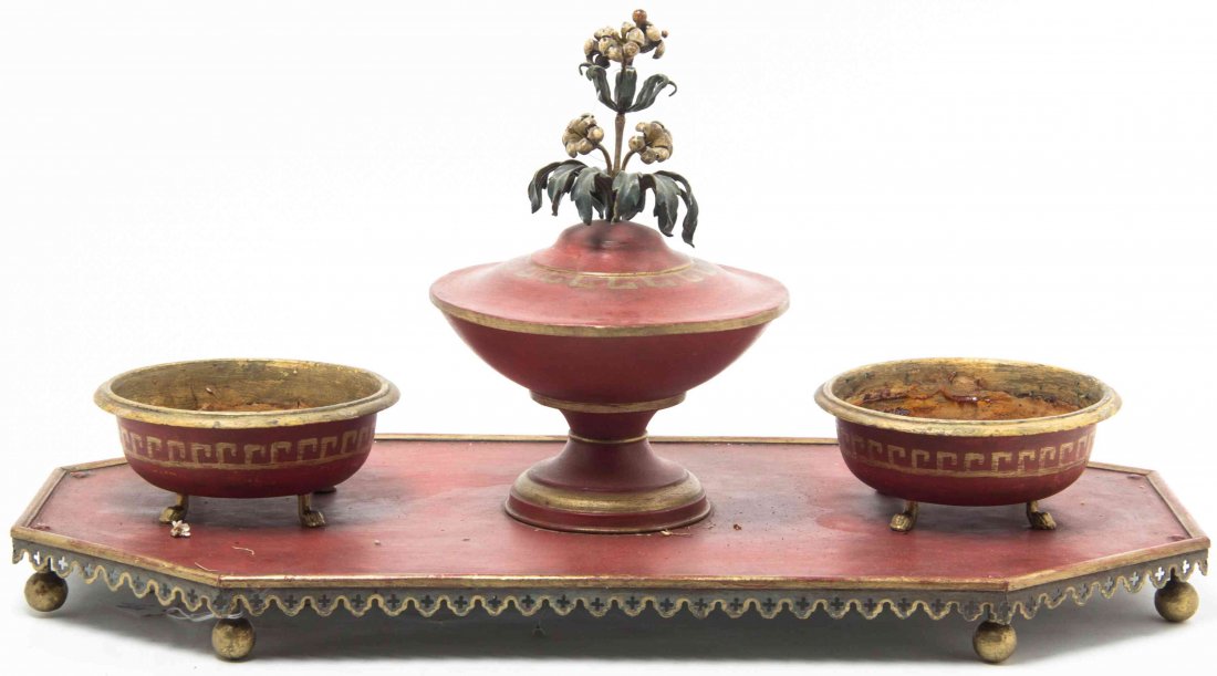 An English Tole Tray, Width 25 inches.: An English Tole Tray, of elongated octagonal form surmounted by a lidded urn with floral bouquet finial flanked by a footed bowl to each side. Width 25 inches.