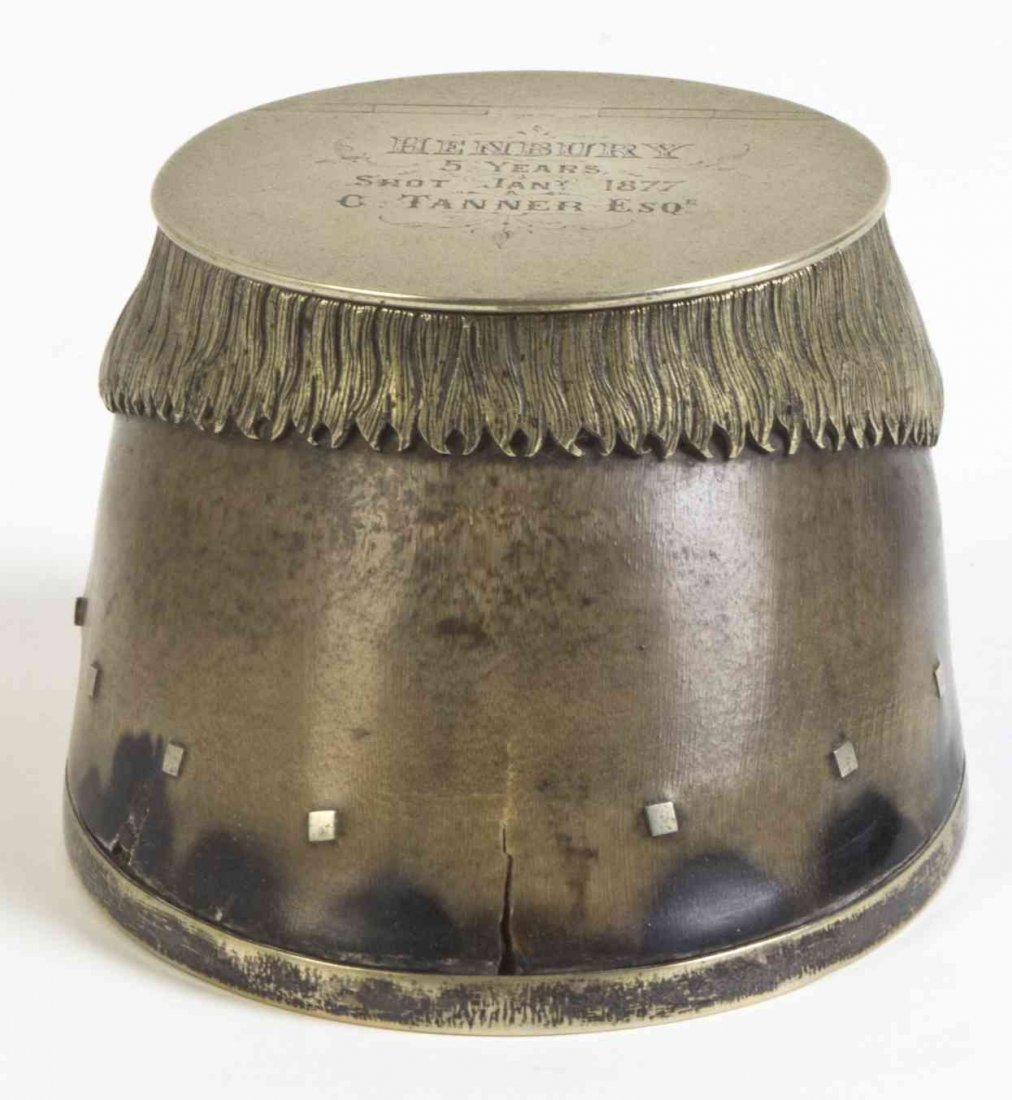 A Victorian Silver-Plate Mounted Hoof Ink Stand Width 5: A Victorian Silver-Plate Mounted Hoof Ink Stand the hinged lid with a dedication, 1877 Width 5 1/4 inches Property from a Private Collection, Zionsville, Indiana