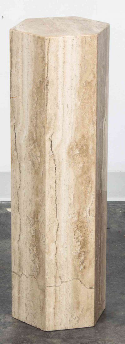 A Travertine Marble Pedestal, Height 29 3/4 inches.: A Travertine Marble Pedestal, of hexagonal form. Height 29 3/4 inches.