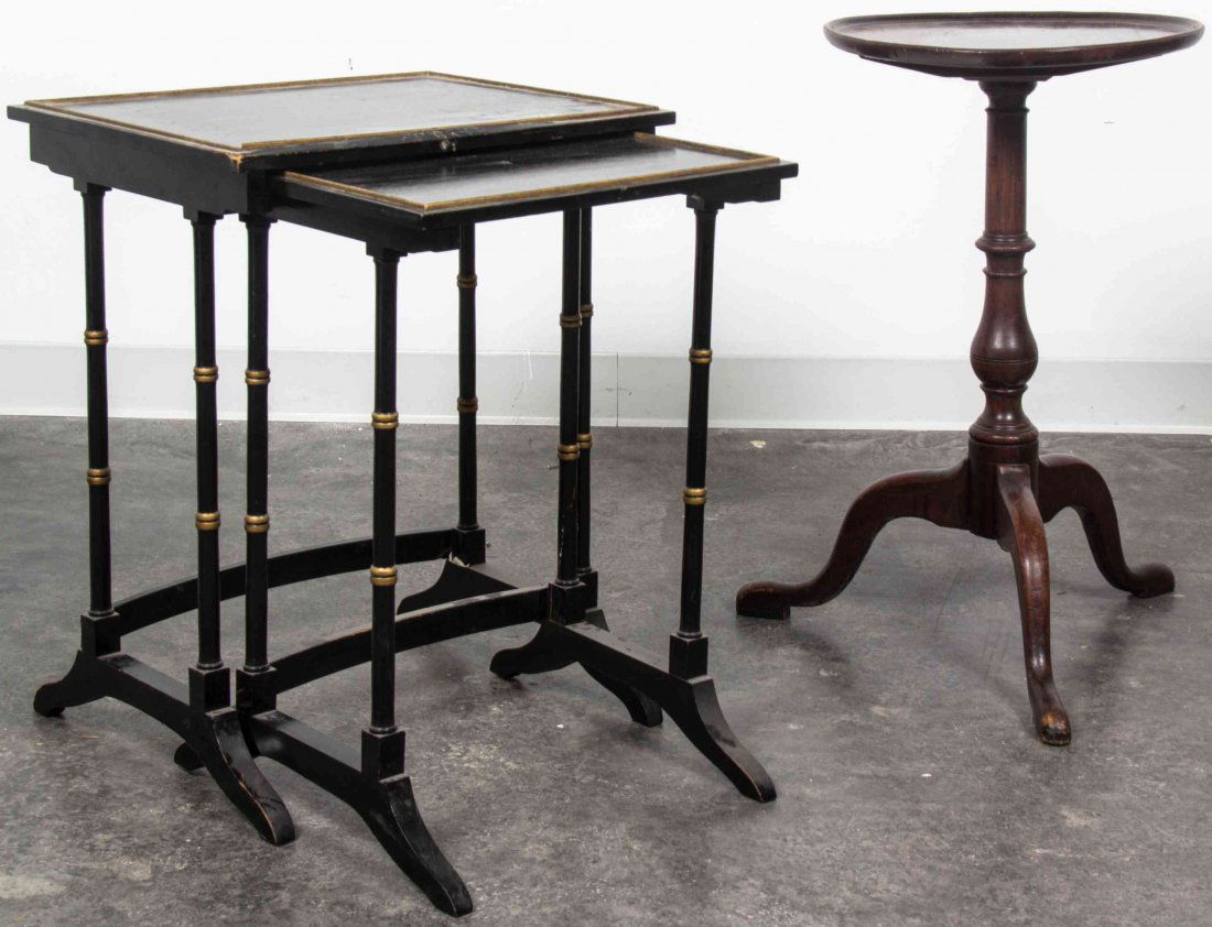 Two Regency Style Ebonized and Parcel Gilt Nesting: Two Regency Style Ebonized and Parcel Gilt Nesting Tables, each with a rectangular top raised on twin ringed supports, together with a Georgian Style mahogany tilt-top tea table. Height of first 23 1/