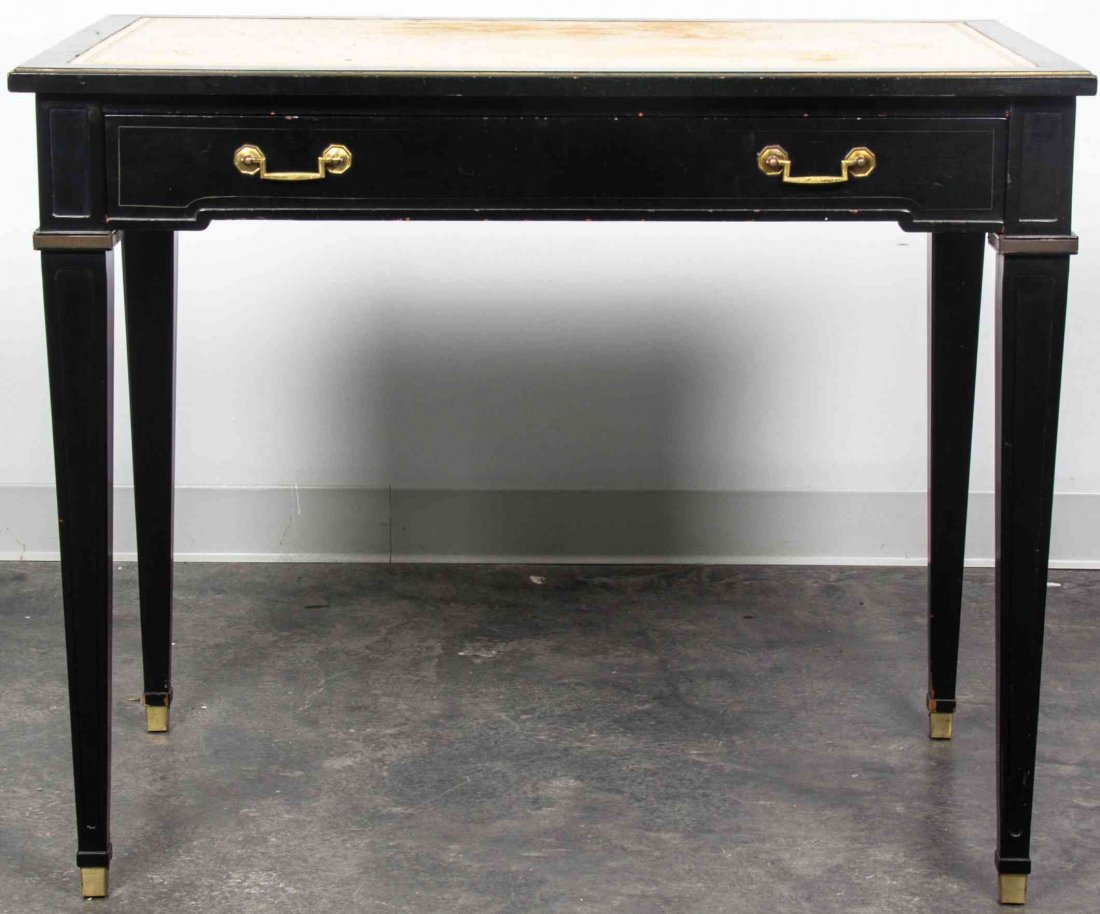 A Neoclassical Ebonized Writing Table, Height 28 3/4 x: A Neoclassical Ebonized Writing Table, having a rectangular top over a single drawer, raised on square tapering legs. Height 28 3/4 x width 37 x depth 24 inches. Property from the Estate of Dr. John P
