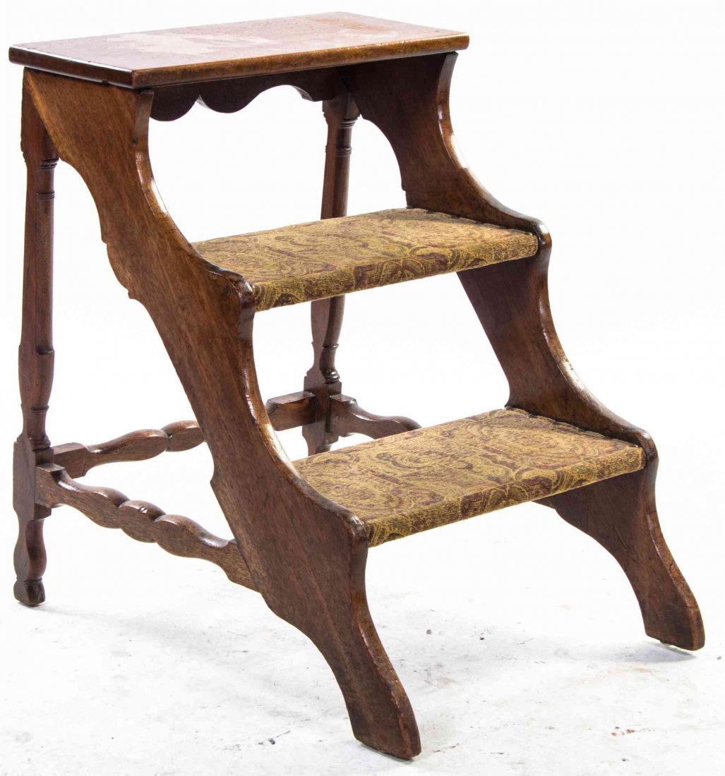 A Set of Regency Mahogany Bed Steps, Height 26 x width: A Set of Regency Mahogany Bed Steps, with turned supports. Height 26 x width 20 x depth 24 1/2 inches.