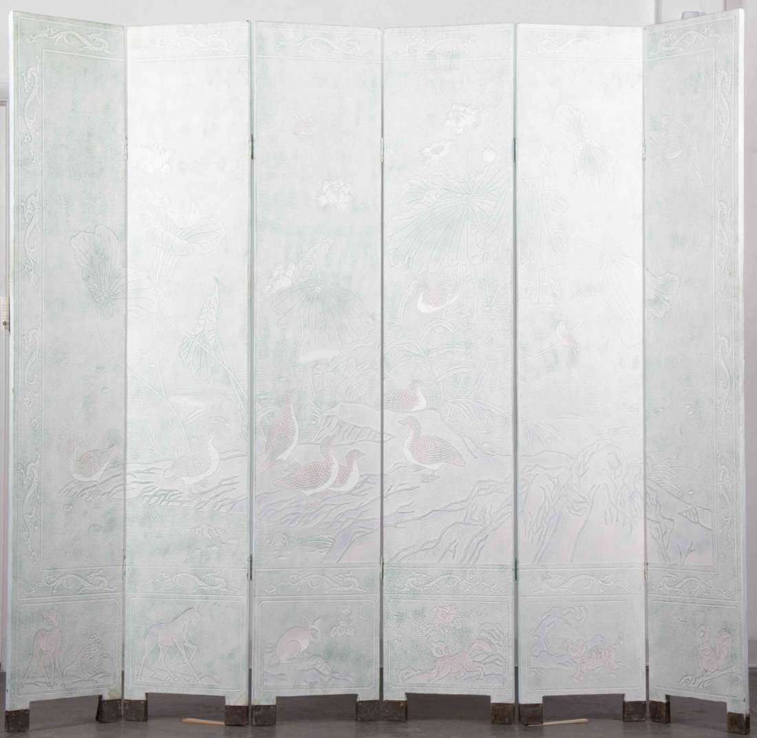 A Chinese Six-Panel Floor Screen, Height 84 x width 16: A Chinese Six-Panel Floor Screen, having a mottled green ground with landscape decoration throughout. Height 84 x width 16 inches (each).