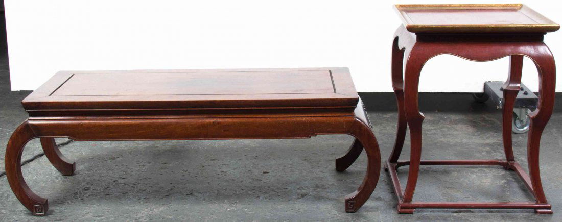 Two Chinese Low Tables, Height of tallest 21 inches.: Two Chinese Low Tables, comprising a red and gilt lacquered example and an example of natural wood with a rectangular top on inwardly scrolling legs. Height of tallest 21 inches. Property from the Hug