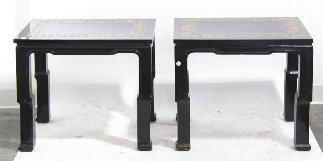A Pair of Chinese Black Lacquer Side Tables, Height of: A Pair of Chinese Black Lacquer Side Tables, together with a coffee table and having inset coin decoration. Height of side tables 20 1/4 x width 24 x diameter 18 inches.