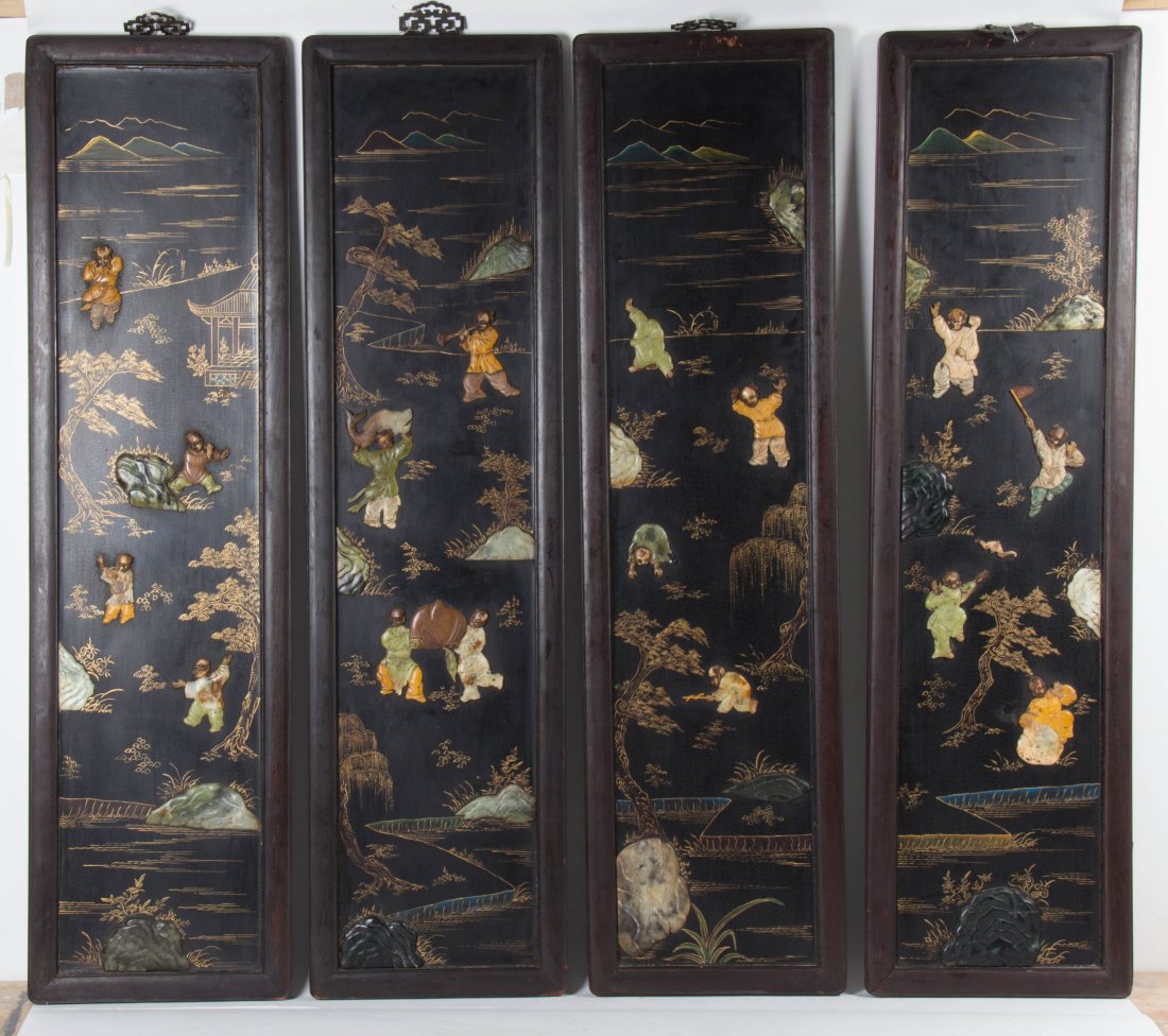 A Set of Four Chinese Hardwood Panels, Height of each: A Set of Four Chinese Hardwood Panels, each having soapstone and hardstone inlaid decoration depicting figures bearing auspicious objects including fish, a ruyi scepter, a peach, and others against a 