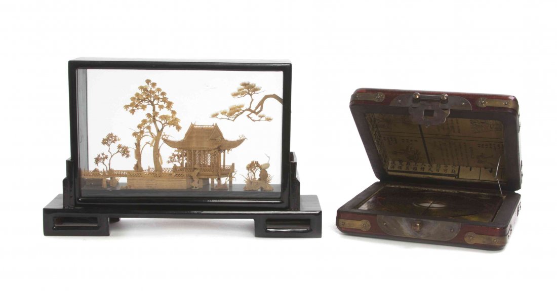 A Chinese Geomancer's Compass, Width of wider 9 inches.: A Chinese Geomancer's Compass, in fitted case, together with a chinese carved cork diorama on fitted stand. Width of wider 9 inches.