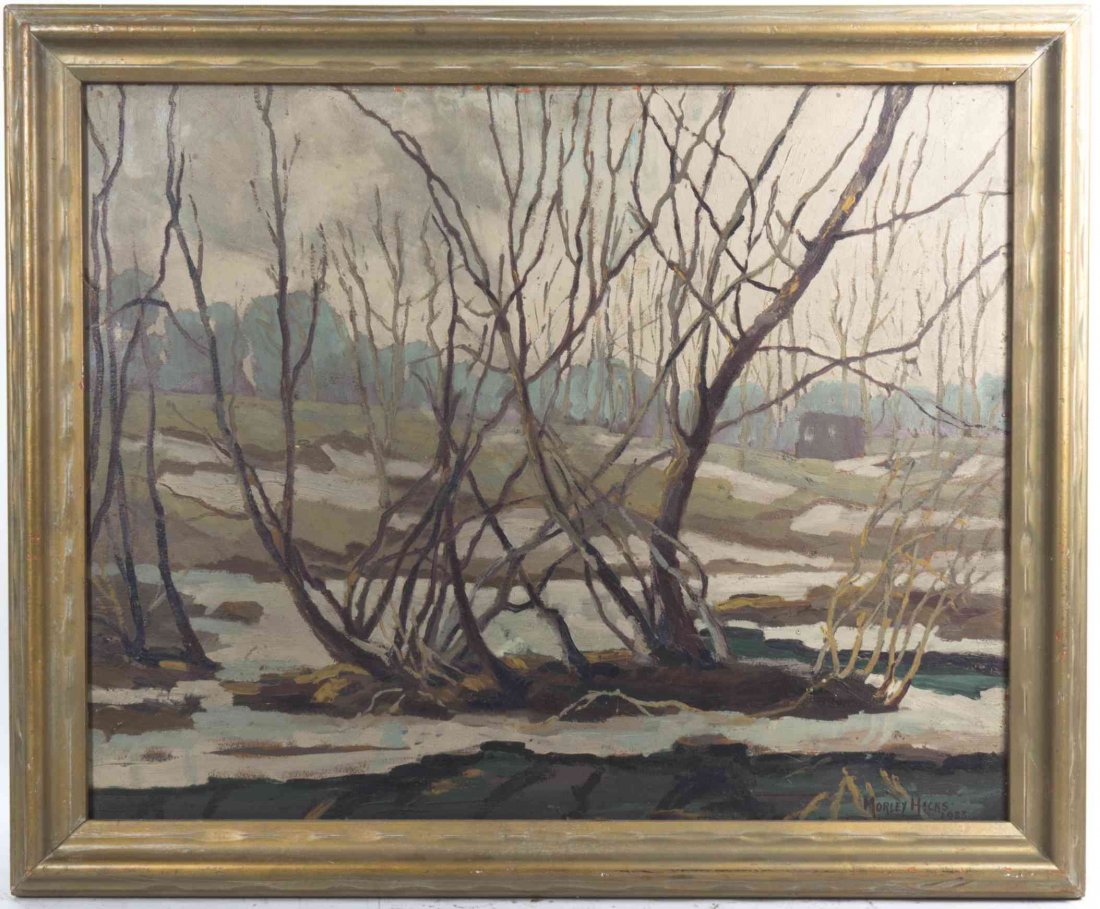 Morley Hicks, (American, 1877-1959), Winter at: Morley Hicks (American, 1877-1959) Winter at Hamilton, Wisconsin, 1933 oil on board signed Morley Hicks and dated (lower right); titled and dated (verso) 24 x 30 inches. Condition: Inscised Morley Hic