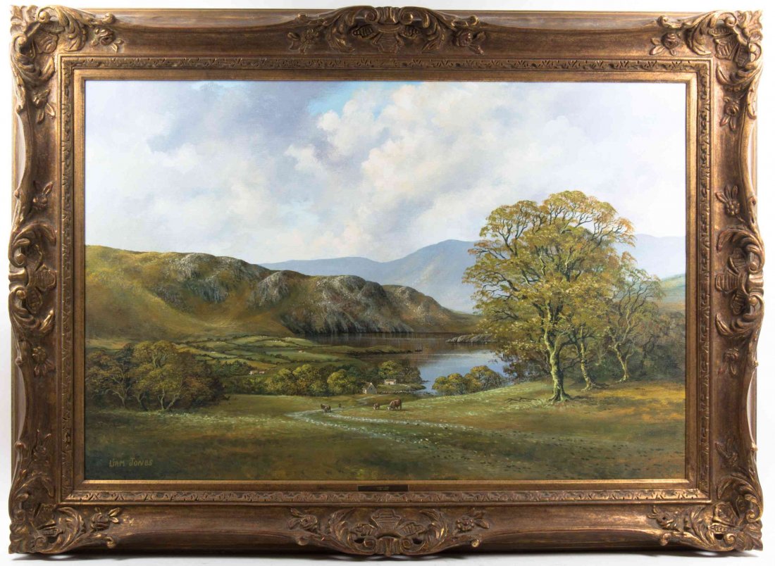 Liam Jones, (American, 20th century), Grazing at: Liam Jones (American, 20th century) Grazing at Gouganne Barra, West Cork, Ireland oil on canvas signed Liam Jones (lower left); titled (verso) 23 x 35 1/2 inches.