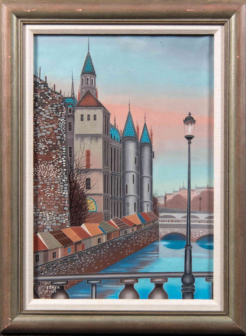 Foussa Itaya, (French/Japanese, b. 1919), City River: Foussa Itaya (French/Japanese, b. 1919) City River View, 1957 oil on canvas signed Itaya and dated (lower left) 21 x 14 3/8 inches.