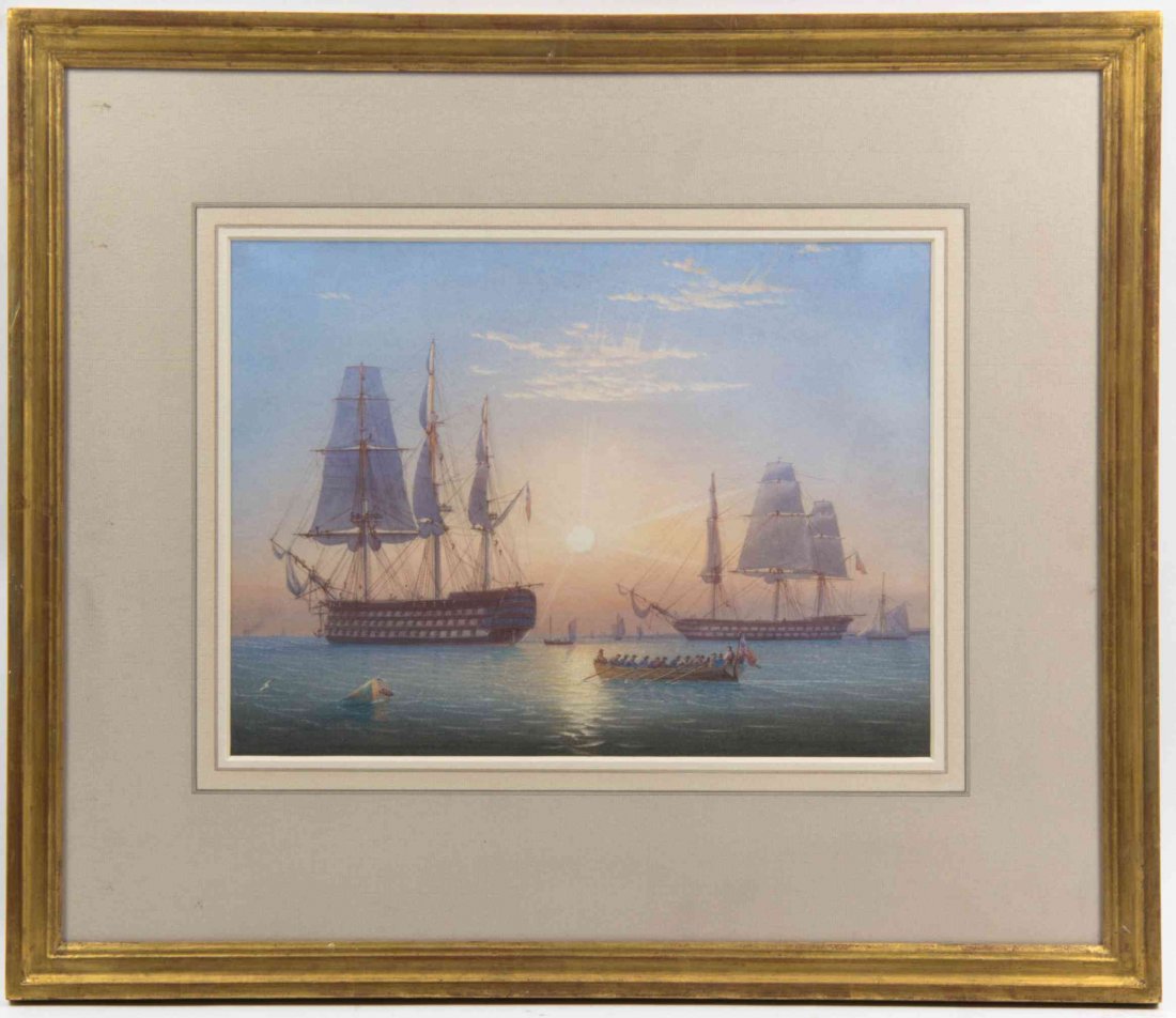 William Joy, (British, 1803-1857), H.M.S. Queen and: William Joy (British, 1803-1857) H.M.S. Queen and H.M.S. Cumberland off Spithead ink and watercolor titled (verso) 9 1/2 x 12 1/2 inches. Property from the Hugh Johnston Hubbard Trust, Lake Forest, Il
