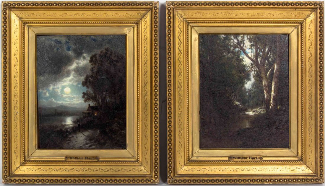 Attributed to William M. Hart, (British, 1823-1894),: Attributed to William M. Hart (British, 1823-1894) Stream through the Woods and Riverscape at Moonlight (a pair of works) oil on board 12 x 9 (approximate). Property from the Hugh Johnston Hubbard Tru