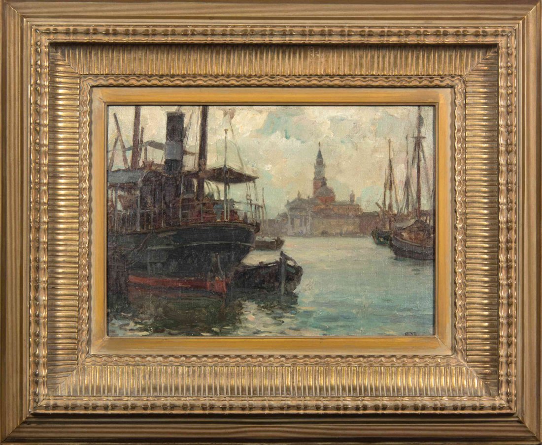 Artist Unknown, (19th/early 20th century), Harbor: Artist Unknown (19th/early 20th century) Harbor Scene, 1908 oil on canvas monogrammed illegibly and dated (lower right) 9 5/8 x 13 1/2 inches. Provenance: Marshall Field and Company, Chicago, Illinois