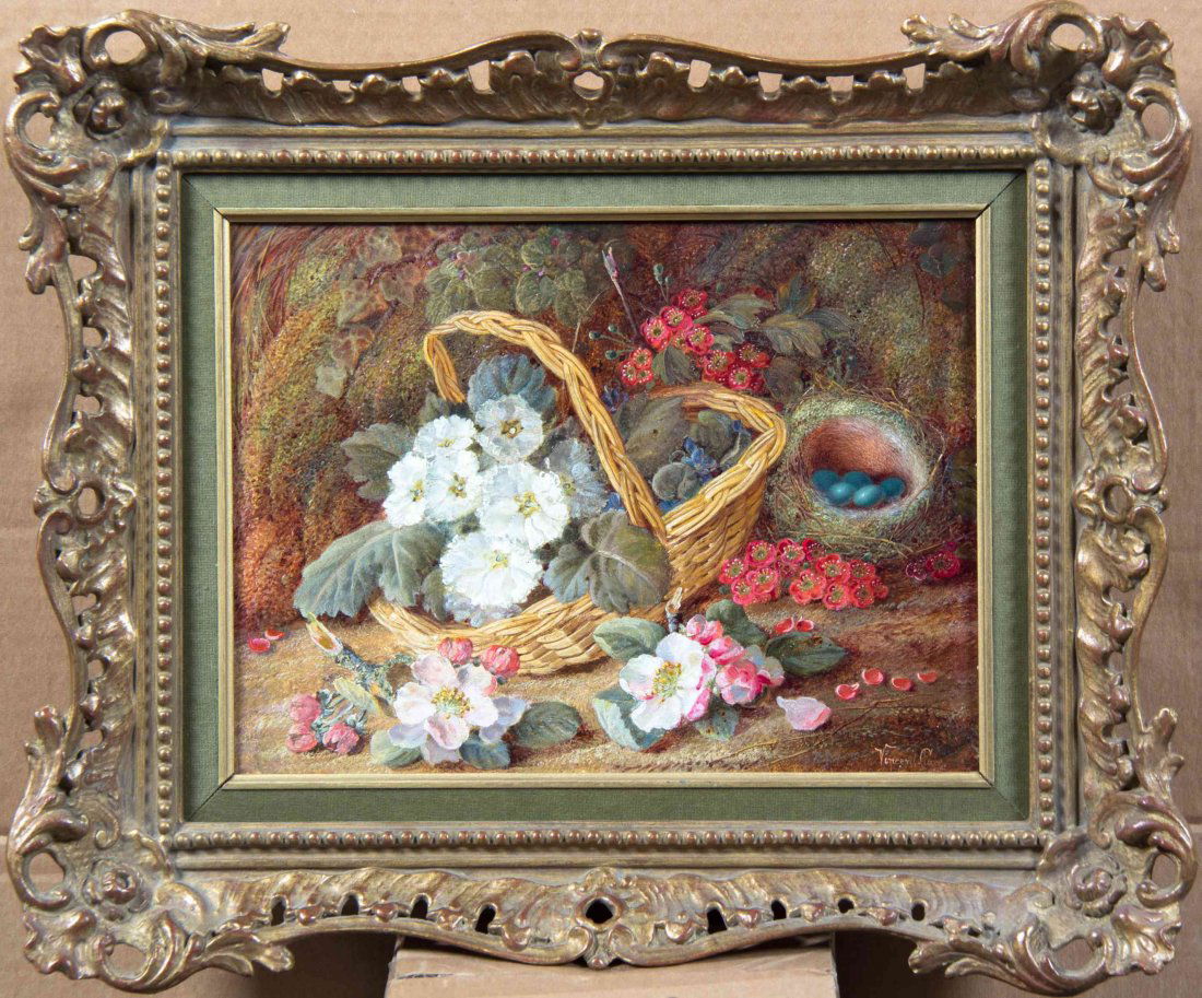Vincent Clare, (British, 1855-1930), Basket of Flowers: Vincent Clare (British, 1855-1930) Basket of Flowers and Bird's Nest oil on canvas signed Vincent Clare (lower right) 8 1/2 x 11 1/2 inches. Property from the Collection of Stephen McGue, Hinsdale, Il