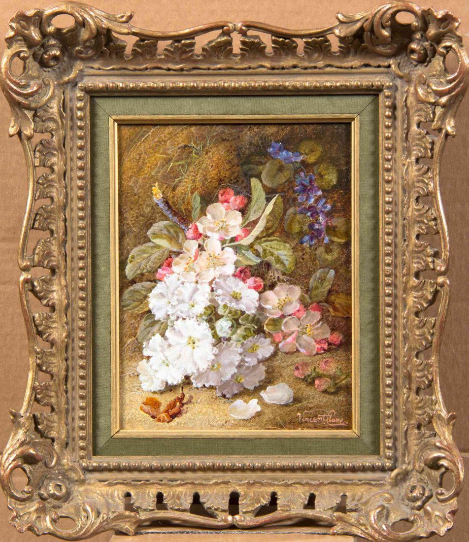 Vincent Clare, (British, 1855-1930), Still Life with: Vincent Clare (British, 1855-1930) Still Life with Flowers oil on canvas signed Vincent Clare (lower right) Approximately 8 1/2 x 5 1/2 inches. Property from the Collection of Stephen McGue, Hinsdale,