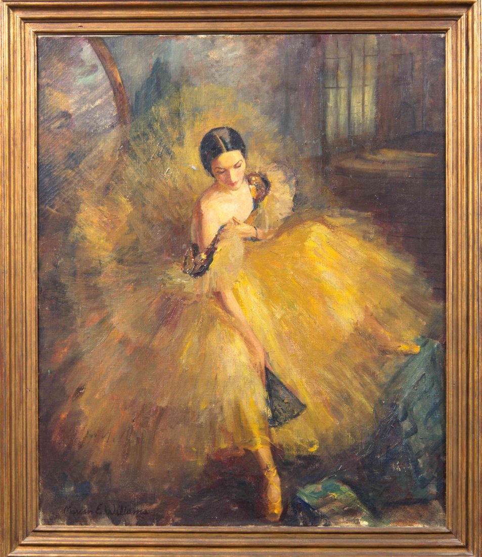 Marian Williams Steele (Marian E. Williams), (American,: Marian Williams Steele (Marian E. Williams) (American, 1912-2011) Ballerina oil on canvas signed Marian E. Williams (lower left) 29 1/2 x 23 3/4 inches. Property from a Private Collection, Zionsville,