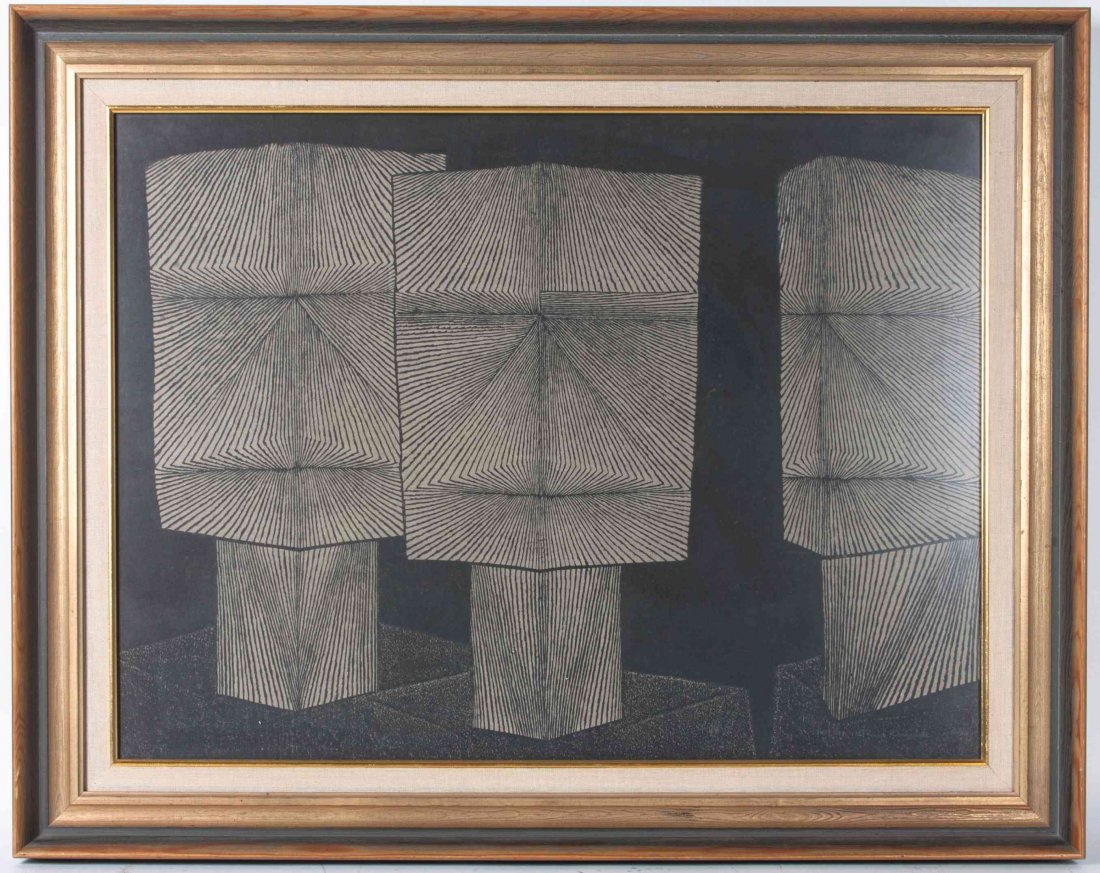 Tomio Kinoshita, (Japanese, b. 1923), Maska #4, 1957: Tomio Kinoshita (Japanese, b. 1923) Maska #4, 1957 woodcut on tan paper 28 x 30 inches. Property from the Estate of Albert A. Robin, Chicago, Illinois