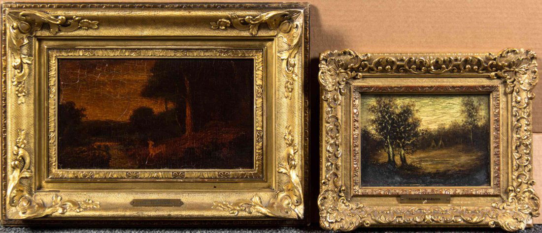 After Ralph Albert Blakelock, (American, 1847-1919),: After Ralph Albert Blakelock (American, 1847-1919) Frightened Deer and Indian Encampment (a pair of works) oil on panel signed R. A. Blakelock (lower right and lower left, respectively) Largest 6 7/8