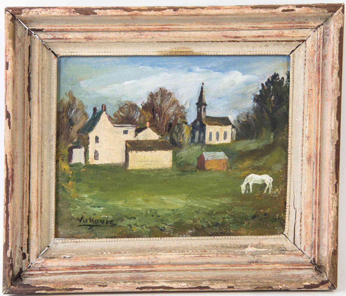 Marko Vukovic, (Czech, 1892-1973), Farm Scene with a: Marko Vukovic (Czech, 1892-1973) Farm Scene with a Horse oil on canvas board signed Vukovic (lower left) 7 1/2 x 9 1/2 inches.