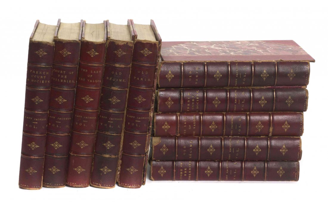 CATHERINE CHARLOTTE, LADY JACKSON. The Works. London:: CATHERINE CHARLOTTE, LADY JACKSON. The Works. London: Richard Bentley and Son, 1878-1888. 10 vols. 8vo. maroon morocco over marbled boards, gilt-lettered spines, t.e.g. Ends bumped, boards detached fr