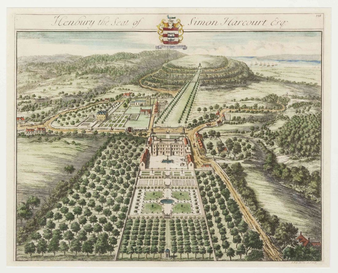 KIP, JOHANNES. Two aerial views. London, ca. 1708.: KIP, JOHANNES Two aerial views, comprising Henbury, the Seat of Simon Harcourt, Esq. and Henbury, the Seat of Mr. John Sampson. Engravings with hand-coloring from Britannia Illustrata... London, ca. 1