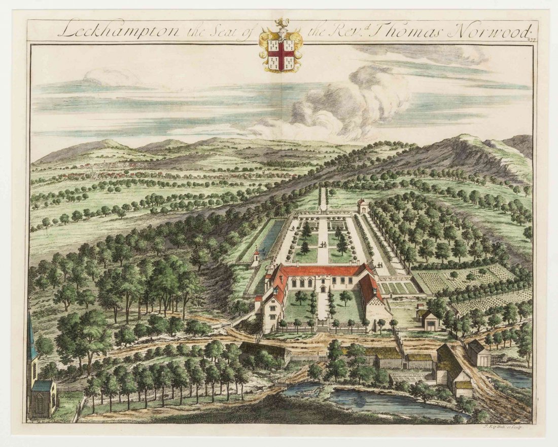 KIP, JOHANNES. Two aerial views. London, ca. 1708.: KIP, JOHANNES Two aerial views, comprising Leckhampton, the Seat of the Rev.'d Thomas Norwood, and Clower-Wall, the Seat of Francis Wyndham, Esq. Engravings with hand-coloring from Britannia Illustrat