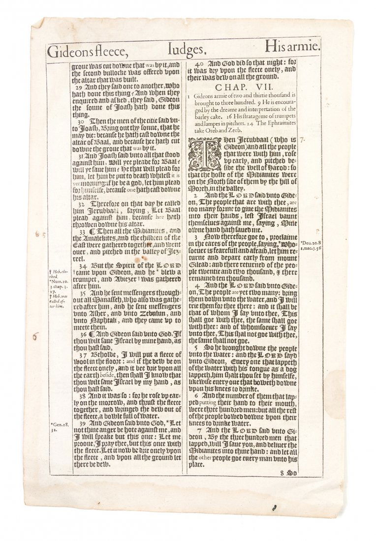 (BIBLE) Two leaves from the King James Bible, (1611),: (BIBLE. KING JAMES) Two leaves from the King James Bible, 1611, from "Judges" and "Chronicles." Double-column text with engraved initials. Minor dampstaining and chipping to margins.