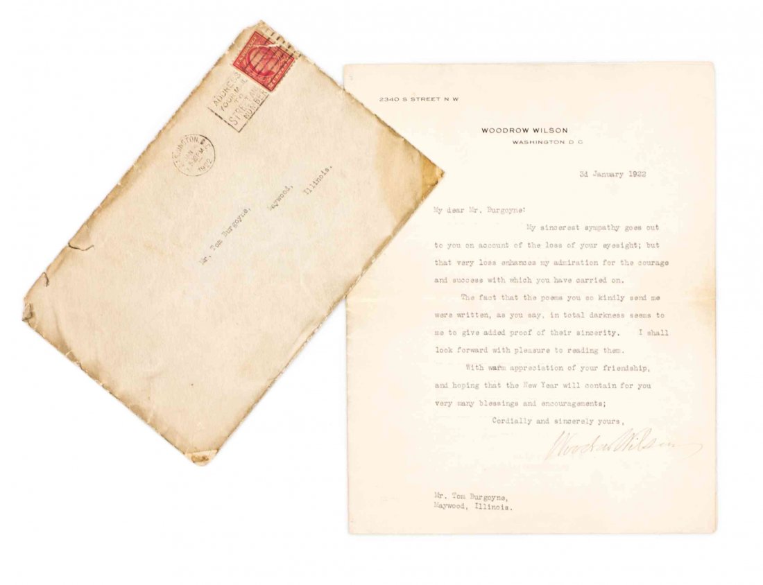 WILSON, WOODROW. Typed letter signed (Woodrow Wilson"),: WILSON, WOODROW Typed letter signed ("Woodrow Wilson"), one page, on a bifolium, on personal letterhead, Washington DC, January 3, 1922. Together with original envelope. To Tom Burgoyne, Maywood, Illi