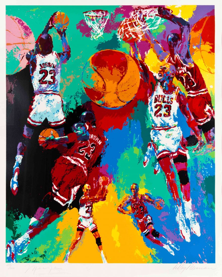 (JORDAN, MICHAEL) NEIMAN, LEROY. Michael Jordan, ca.: (JORDAN, MICHAEL) NEIMAN, LEROY (American, 1921-2012) Michael Jordan, ca. 1995. Color screenprint, edition 253/320. Signed by LeRoy Neiman and Michael Jordan in black ink. Framed and matted. color scr