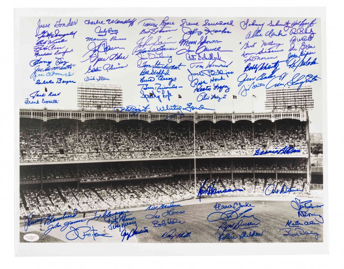 (BASEBALL. NEW YORK YANKEES) Black and white photograph: (BASEBALL. NEW YORK YANKEES) Black and white photograph signed by over 75 New York Yankees, 1920s-1960s, including Bill Dickey, Phil Rizzuto, Whitey Ford, Roy White, Irv Noren, Art Ditmar, Luis Arroyo