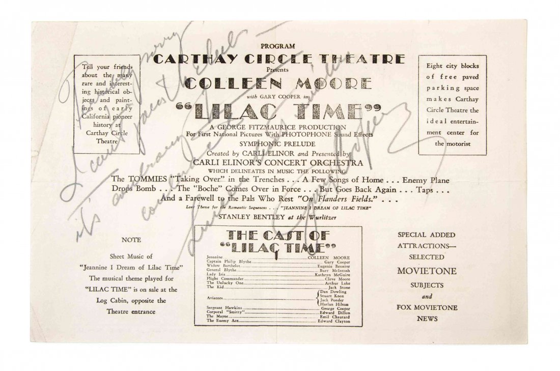 COOPER, GARY. Signed program for Lilac Time, 1928.: COOPER, GARY Inscribed program for Lilac Time, performed at the Carthay Circle Theatre, 1928, illegible inscription, signed ("Gary Cooper"), in pencil. Lilac Time was a silent film based on the novel 