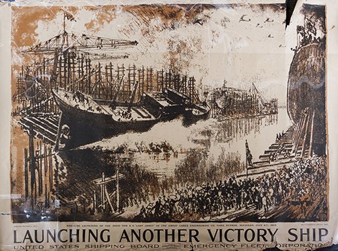 (WWI POSTERS, US) PENNELL, JOSEPH. Launching Another: (WWI POSTERS, US) PENNELL, JOSEPH Launching Another Victory Ship. Lithograph poster, 1918. 42 x 57 inches. Property from the Collection of a Gentleman, Chicago, Illinois