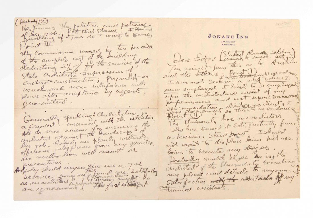 WRIGHT, FRANK LLOYD. Autographed letter signed: WRIGHT, FRANK LLOYD Autographed letter signed ("F.L.L.W."), four pages, on a bifolium, on Jokake Inn letterhead, Jokake, Arizona, [ca. 1925]. In this letter, Wright asks architect "Edgar" [Tafel] to c