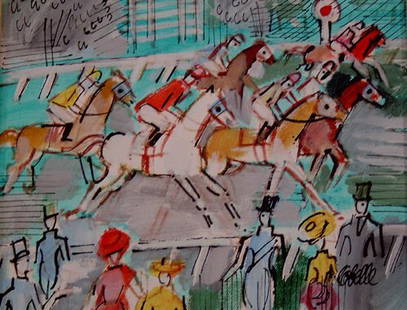 CHARLES COBELLE (French 1902-1998) AT T: CHARLES COBELLE (French 1902-1998) AT THE FINISHING LINE signed, acrylic on canvas 8 x 10 in.