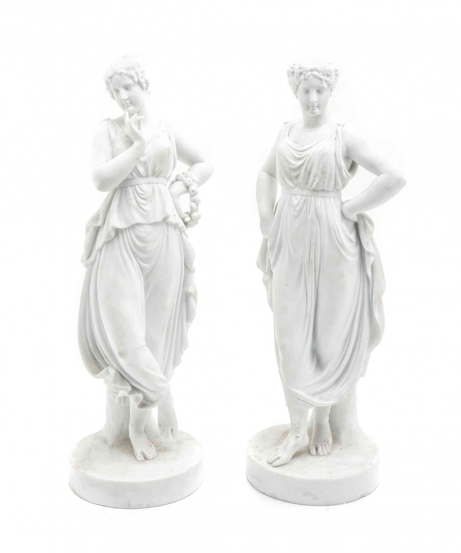 A Pair of KPM Bisque Porcelain Figures, Height 18: A Pair of KPM Bisque Porcelain Figures, depicting classical women, on circular bases. Height 18 inches. Property from the Collection of Dr. Peter and Marija Alexandra Fischinger of Normandy, France, B
