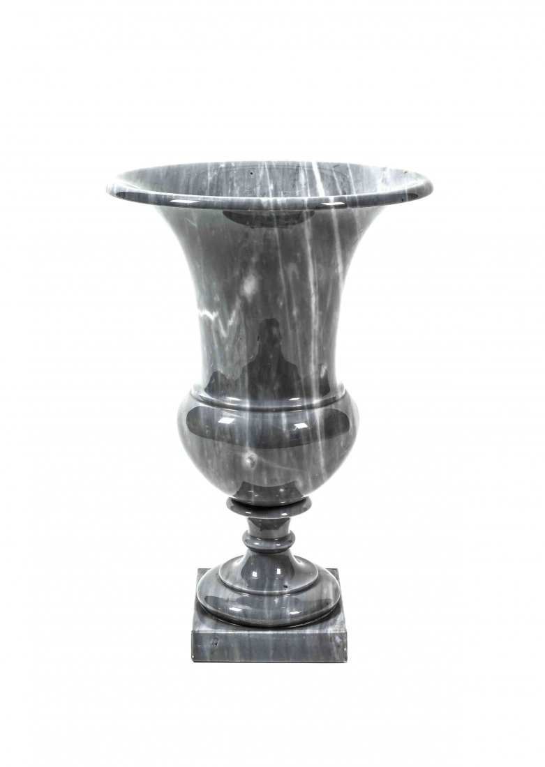 A Classical-Style Grey Alabaster Floor Urn, Height 24 x: A Classical-Style Grey Alabaster Floor Urn, 20th century, having flaring sides and ovoid base, on trumpet stem and square foot. Height 24 x diameter 15 1/2 inches.