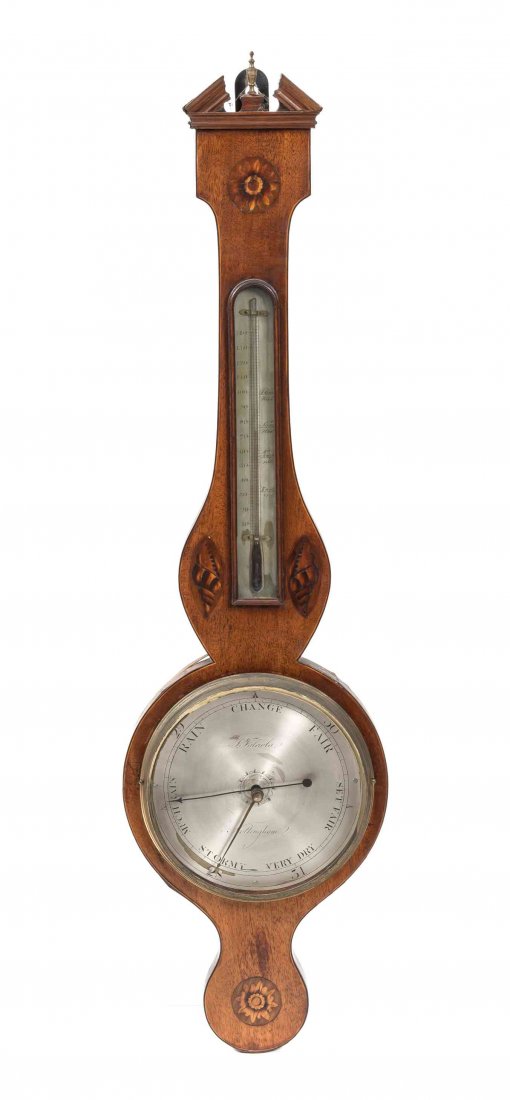 An English Mahogany Banjo Barometer, Height 38 1/4: An English Mahogany Banjo Barometer, 19th century, having flower-form inlay to the neck and shell-form inlay surrounding the face. Height 38 1/4 inches.
