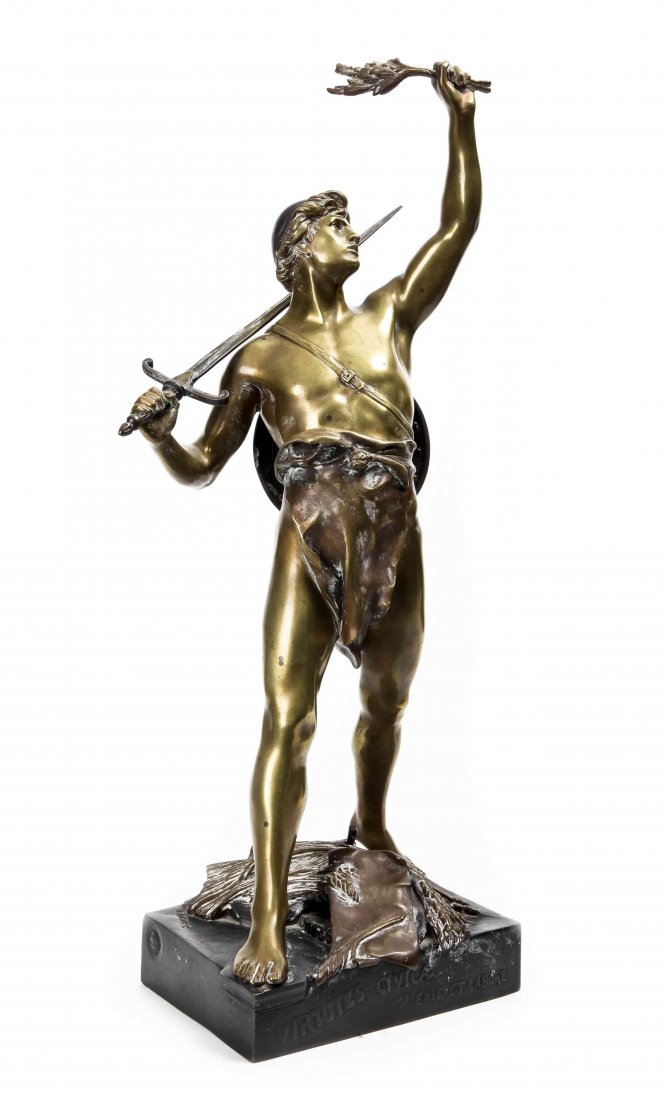 A French Patinated Bronze Figure, Emile Louis Picault: A French Patinated Bronze Figure, Emile Louis Picault (1833-1915), Virtues Civicae Ense et Labore, cast as a standing male figure with a sword and shield, a bundle of wheat and a hammer at his feet, s