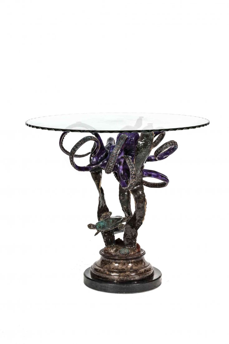 A Cold Painted Bronze Occasional Table, John Townsend: A Cold Painted Bronze Occasional Table, John Townsend (American, 20th/21st Century), having a glass top, the base depicting forms of an octopus and a turtle. Height 32 3/4 x diameter 35 1/2 inches. Pr