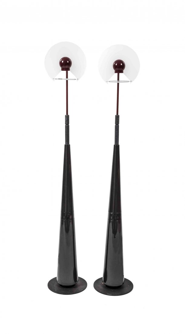 A Pair of Contemporary Reading Lamps, Flos, Height 51: A Pair of Contemporary Reading Lamps, Flos, with frosted glass lenses, on telescoping red metal stem, and black-finished tapered conical base. Height 51 inches. Property from the Soffer Collection