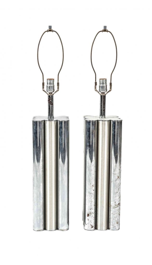 A Pair of Contemporary Chrome Table Lamps, Height 18: A Pair of Contemporary Chrome Table Lamps, c. 1960-1970s, with clustered tubular base. Height 18 1/4 inches. The Estate of Seymour and Geraldine Herwald, Pittsburgh, Pennsylvania