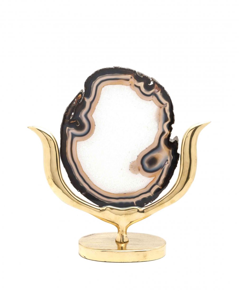 Contemporary Brass and Geode Sculpture, Height 16: Contemporary Brass and Geode Sculpture, with signature at base "D. Braner," composed of a large ovoid slice of mineral geode raised on a bifurcate brass base with oval foot. Height 16 inches.
