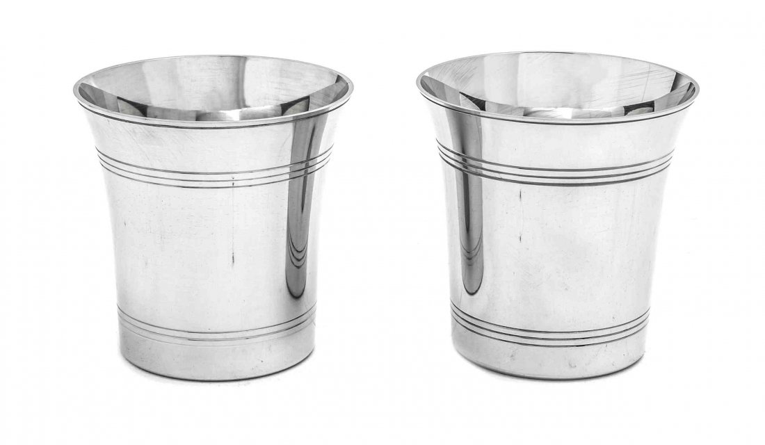 A Set of Eight Stieff Pewter Cocktail Glasses, Height 3: A Set of Eight Stieff Pewter Cocktail Glasses, created as gifts for donors of The Colonial Williamsburg Foundation, each marked on base with Williamsburg Restoration seal and Stieff Pewter, each havin