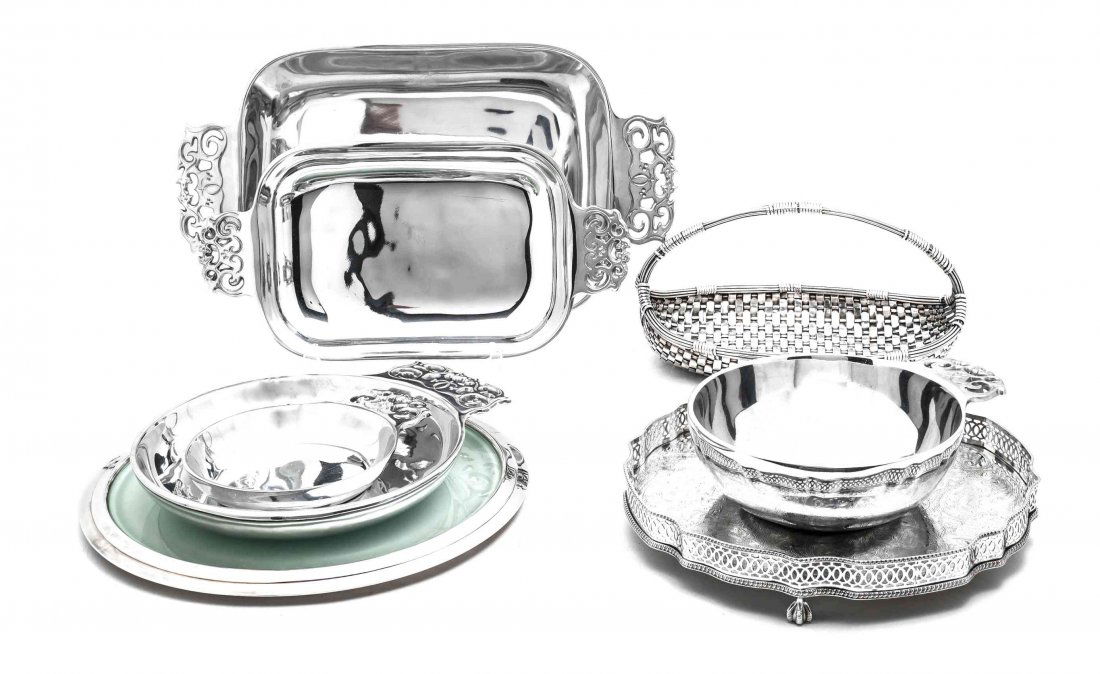 A Collection of Silver-Plate and White Metal: A Collection of Silver-Plate and White Metal Tablewares, including a Christofle silver-plate woven bread basket, and a Christofle metal-rimmed frosted glass plateau, a silver-plate galleried waiter, a
