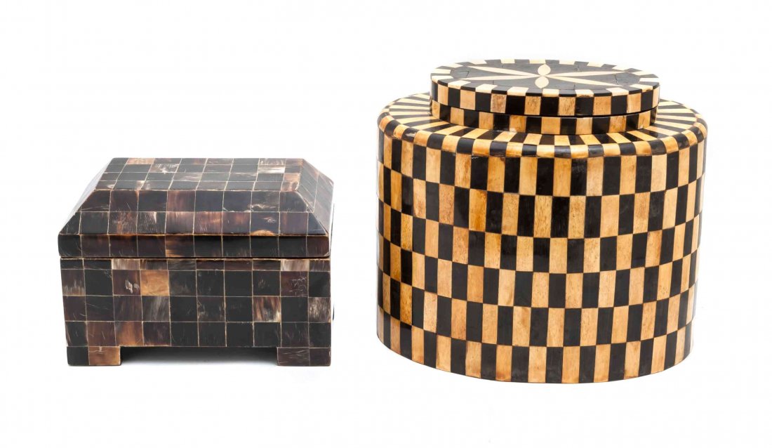 Two Horn Veneered Decorative Boxes, Height of larger 10: Two Horn Veneered Decorative Boxes, 20th century, comprising one of oval lidded form having bone and horn veneer with a checkered design and a horn casket-form box. Height of larger 10 1/2 inches. Pro