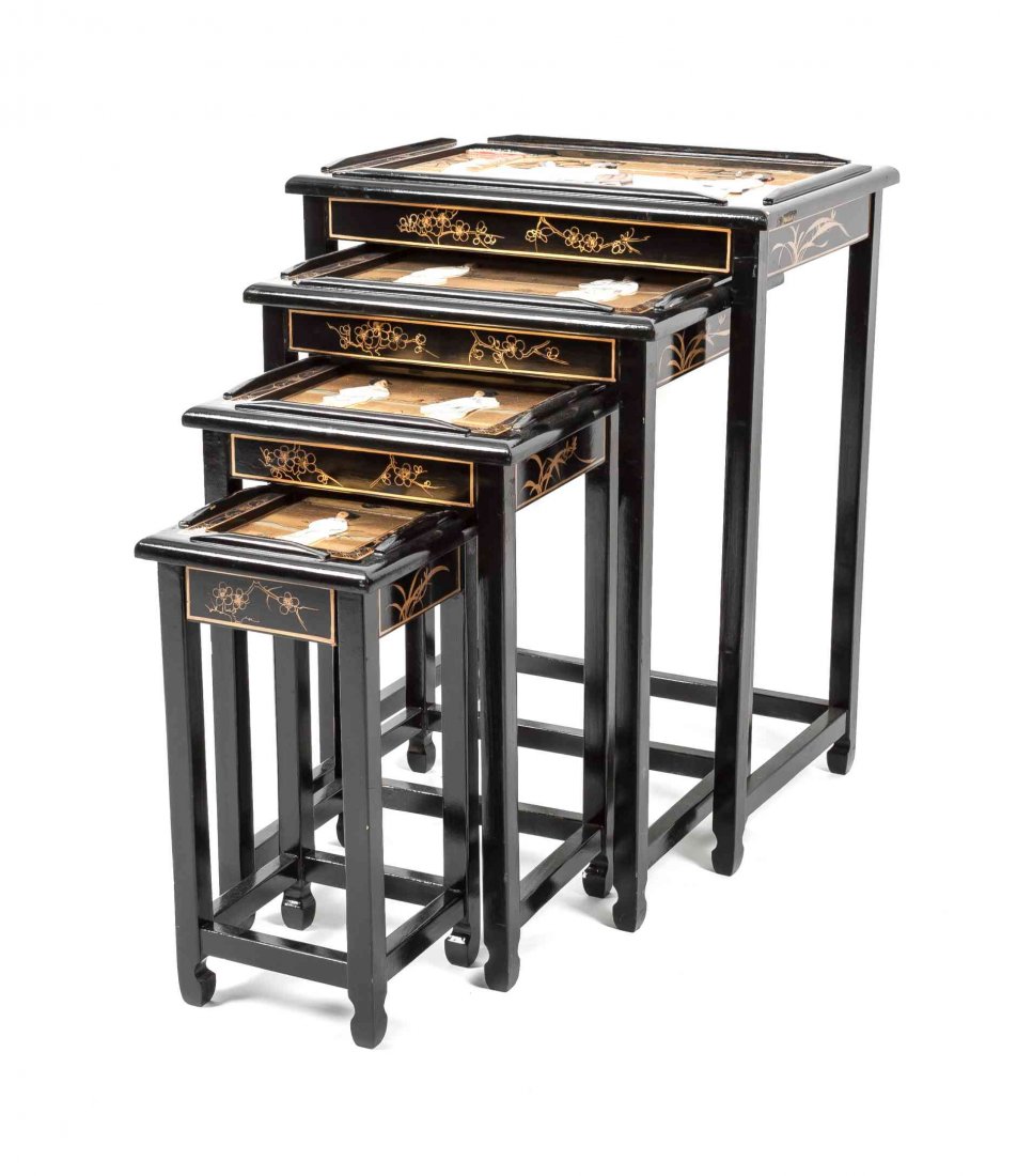 A Collection of Asian Style Black Lacquered Nesting: A Collection of Asian Style Black Lacquered Nesting Tables, each having applied polychrome figural decoration on a gilt ground to the top. Height 25 1/5 x width 20 x depth 14 inches.