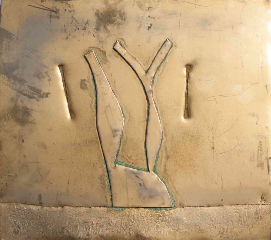 Shin Kuno, (Japanese, b.1921), Golden Work, 1963: Shin Kuno (Japanese, b.1921) Golden Work, 1963 metal on painted wood panel embossed signature (lower right); inscribed and dated (verso) 11 x 9 5/8 inches. bearing label for Tokyo Gallery with invento